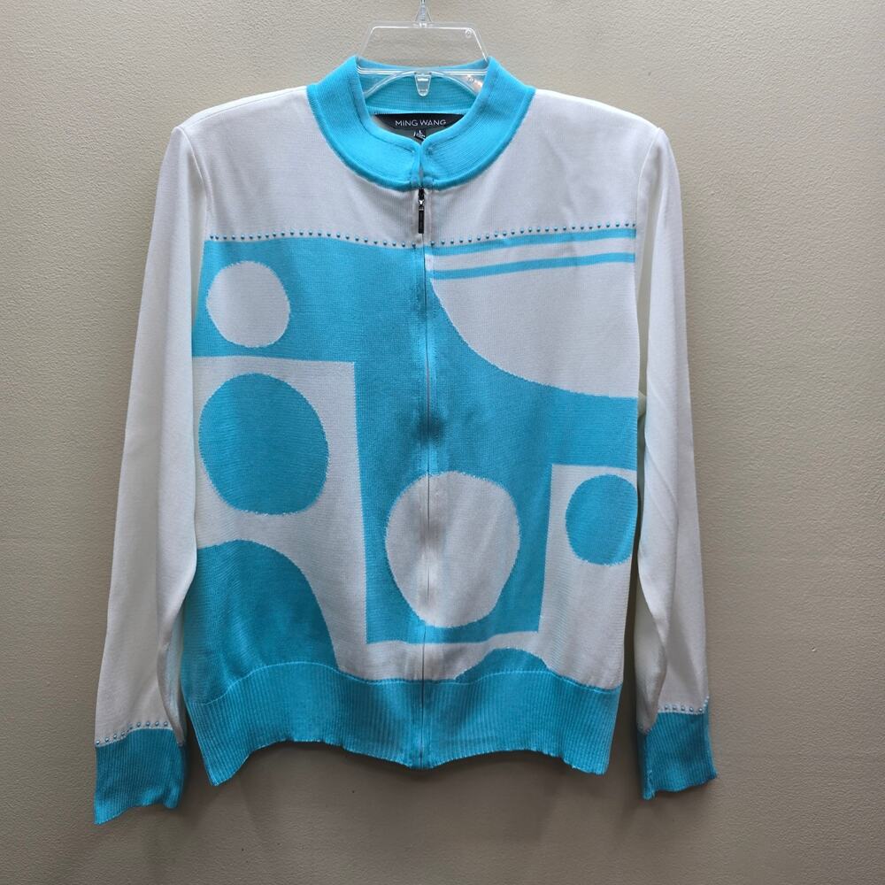 Ming Wang SZ Large Acrylic Full Zip Cardigan Sweater Geometric White Blue Artsy